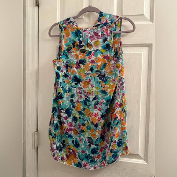 Size small bright pretty blue multicolor floral flower blouse sleeveless top - Picture 4 of 6